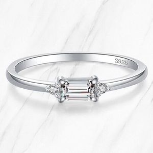 Emerald Cut High Quality White Diamond Stackable Sterling Silver Ring